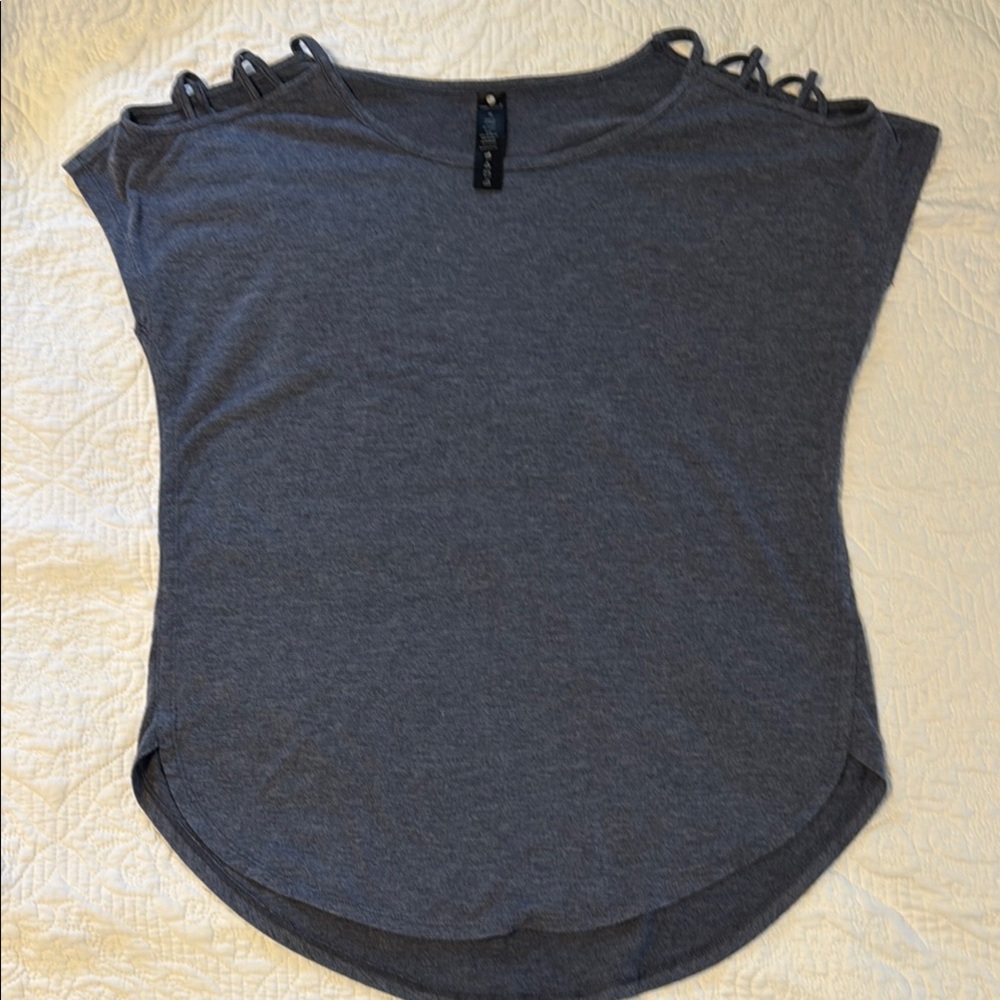 Yogalicious Gray Asymmetrical Cut Out Cap Sleeve Tee